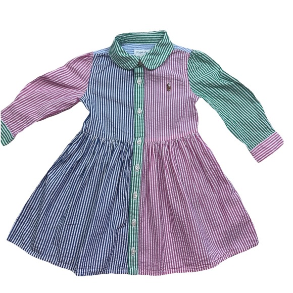 Ralph Lauren Striped  Seersucker 12 Mths Long Sleeve Button Front Cotton Dress - Picture 1 of 6